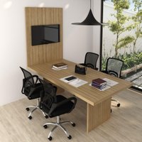 Conjunto Mesa de Escritório Reunião 220cm com Painel para TV Multimóveis CR25339 Amêndoa