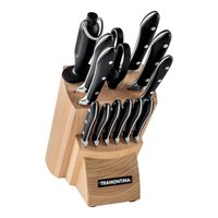 Jogo Facas Tramontina em Aço Inox Cabo em Policarbonato com Suporte/Cepo em Madeira 14 Peças