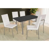 Sala Jantar Mesa Elba Tampo Madeirado c/ Vidro 160cm e 6 Cadeiras Amsterdã Niquel/Preto - Corano Branco - Kappesberg