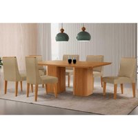 Sala Jantar Mesa Maldivas c/ Tampo Madeirado Canto Curvo 180x90cm e 6 Cadeiras Dakota Naturale - Linho Bege - Rufato