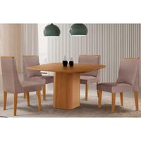 Sala Jantar Mesa Maldivas c/ Tampo Madeirado Canto Curvo 90x90cm e 4 Cadeiras Dakota Naturale - Linho Capuccino - Rufato