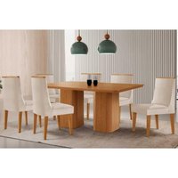 Sala Jantar Mesa Maldivas c/ Tampo Madeirado Canto Curvo 180x90cm e 6 Cadeiras Dakota Naturale - Suede Creme - Rufato