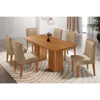 Sala Jantar Mesa Maldivas c/ Tampo Madeirado Canto Curvo 180x90cm e 6 Cadeiras Maldivas Naturale - Linho Bege - Rufato