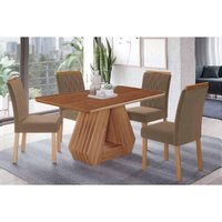 Sala Jantar Mesa Ágata Tampo Madeirado 130x80cm e 4 Cadeiras Juliana Cinamomo - Carvalho/Suede Joli Capuccino - Cimol