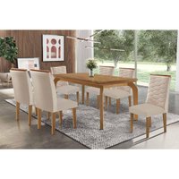 Sala Jantar Mesa Londrina c/ Tampo Madeirado Canto Curvo 180x90cm e 6 Cadeiras Maldivas Naturale - Suede Creme - Rufato