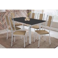 Sala Jantar Mesa Elba Tampo Madeirado c/ Vidro 160cm e 6 Cadeiras Lisboa Cromada/Preto - Corano Capuccino - Kappesberg