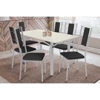 Sala Jantar Mesa Elba Tampo Madeirado c/ Vidro 160cm e 6 Cadeiras Lisboa Cromada/Off White - Corano Preto - Kappesberg
