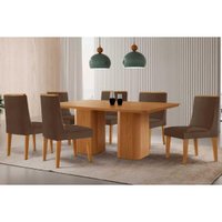 Sala Jantar Mesa Maldivas c/ Tampo Madeirado Canto Curvo 180x90cm e 6 Cadeiras Dakota Naturale - Suede Marrom - Rufato