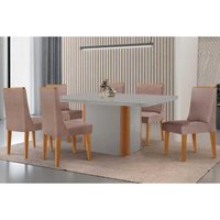 Sala Jantar Mesa PietÃ¡ Curvo 180cm + 6 Cadeiras Dakota Madeira Naturale/Off White - Capuccino/Linho Capuccino - Rufato
