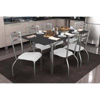 Sala Jantar Mesa Elba Tampo Madeirado c/ Vidro 160cm e 6 Cadeiras Portugal Cromada/Preto - Corano Branco - Kappesberg