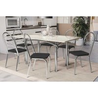 Sala Jantar Mesa Elba Tampo Madeirado c/ Vidro 160cm e 6 Cadeiras Holanda Cromada/Off White - Corano Preto - Kappesberg