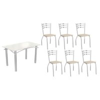 Sala Jantar Mesa Elba Tampo Madeirado c/ Vidro 120cm e 6 Cadeiras Portugal Cromada/Off White - Corano Bege - Kappesberg