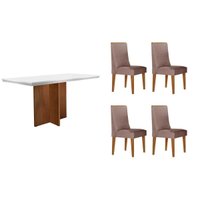 Sala Jantar Mesa Berlim Curvo 120cm + 4 Cadeiras Dakota Naturale/Off White - Linho Capuccino - Rufato
