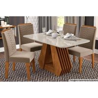 Sala Jantar Mesa Ágata c/ Tampo Madeirado 130cm e 4 Cadeiras Clarice Carvalho/Off White - Suede Joli Capuccino - Cimol