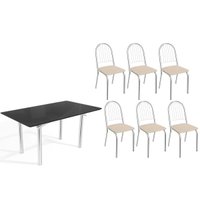 Sala Jantar Mesa Elba Tampo Madeirado c/ Vidro 160cm e 6 Cadeiras Noruega Cromada/Preto - Corano Bege - Kappesberg