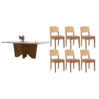 Sala Jantar Mesa Nevada Curvo 180cm + 6 Cadeiras Havana Naturale/Off White - Capuccino/Linho Capuccino - Rufato