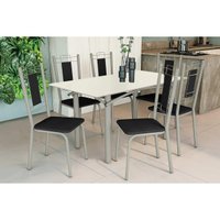 Sala Jantar Mesa Elba Tampo Madeirado c/ Vidro 160cm e 6 Cadeiras Florença Niquel/Off White - Corano Preto - Kappesberg