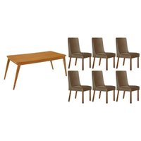 Sala Jantar Mesa Havana c/ Tampo Madeirado Canto Curvo 180x90cm e 6 Cadeiras Dakota Naturale - Suede Capuccino - Rufato