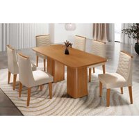 Sala Jantar Mesa Maldivas c/ Tampo Madeirado Canto Curvo 180x90cm e 6 Cadeiras Maldivas Naturale - Suede Creme - Rufato
