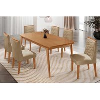 Sala Jantar Mesa Havana Curvo 180cm + 6 Cadeiras Maldivas Naturale - Linho Bege - Rufato
