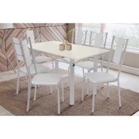 Sala Jantar Mesa Elba Tampo Madeirado c/ Vidro 160cm e 6 Cadeiras Lisboa Cromada/Off White - Corano Branco - Kappesberg