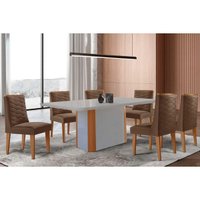 Sala Jantar Mesa PietÃ¡ Curvo 180cm + 6 Cadeiras Maldivas Madeira Naturale/Off White - Capuccino/Suede Marrom - Rufato