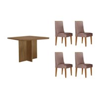 Sala Jantar Mesa Berlim Curvo 90cm + 4 Cadeiras Dakota Naturale - Linho Capuccino - Rufato