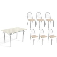 Sala Jantar Mesa Elba Tampo Madeirado c/ Vidro 120cm e 6 Cadeiras Noruega Cromada/Off White - Corano Bege - Kappesberg
