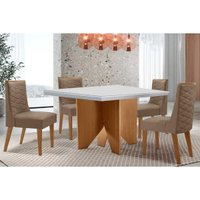 Sala Jantar Mesa Nevada Curvo 90cm + 4 Cadeiras Dafne Madeira Naturale/Off White - Capuccino/Suede Capuccino - Rufato
