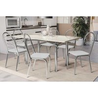 Sala Jantar Mesa Elba Tampo Madeirado c/ Vidro 160cm e 6 Cadeiras Holanda Cromada/Off White - Corano Branco - Kappesberg