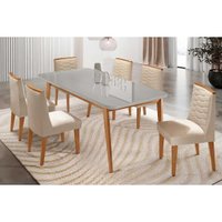 Sala Jantar Mesa Havana Curvo 180cm + 6 Cadeiras Maldivas Naturale/Off White - Suede Creme - Rufato