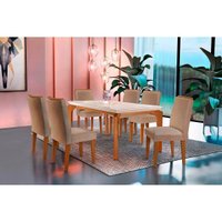 Sala Jantar Mesa Londrina Tampo Madeirado c/ Vidro 180x90cm e 6 Cadeiras Lunara Capuccino/Linho Bege Turim - Rufato