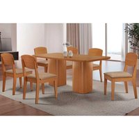 Sala Jantar Mesa Maldivas c/ Tampo Madeirado Canto Curvo 180x90cm e 6 Cadeiras Havana Naturale - Linho Bege - Rufato