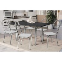 Sala Jantar Mesa Elba Tampo Madeirado c/ Vidro 160cm e 6 Cadeiras Holanda Cromada/Preto - Corano Branco - Kappesberg