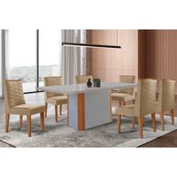 Sala Jantar Mesa PietÃ¡ Curvo 180cm + 6 Cadeiras Maldivas Madeira Naturale/Off White - Capuccino/Linho Bege - Rufato