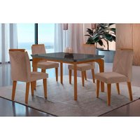 Sala Jantar Mesa Londrina Tampo Madeirado c/ Vidro Curvo 120x80 e 4 Cadeiras Amsterdã Imbuia/Suede Capuccino - Rufato