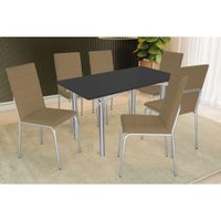 Sala Jantar Mesa Elba Tampo Madeirado c/ Vidro 160cm e 6 Cadeiras Amsterdã Cromada/Preto - Corano Capuccino - Kappesberg