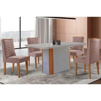 Sala Jantar Mesa PietÃ¡ Curvo 120cm + 4 Cadeiras Dafne Madeira Naturale/Off White - Capuccino/Linho Capuccino - Rufato