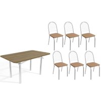 Sala Jantar Mesa Elba c/ Tampo de Madeira 160cm e 6 Cadeiras Noruega Cromada/Nogueira - Corano Capuccino - Kappesberg