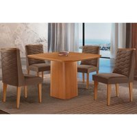 Sala Jantar Mesa Maldivas c/ Tampo Madeirado Canto Curvo 90x90cm e 4 Cadeiras Dafne Naturale - Suede Marrom - Rufato