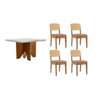 Sala Jantar Mesa Nevada Curvo 90cm + 4 Cadeiras Havana Naturale/Off White - Capuccino/Linho Capuccino - Rufato
