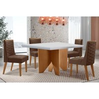 Sala Jantar Mesa Nevada Curvo 90cm + 4 Cadeiras Dafne Madeira Naturale/Off White - Capuccino/Suede Marrom - Rufato
