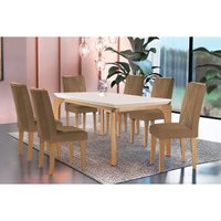 Sala Jantar Mesa Londrina c/ Tampo Madeirado Canto Reto 180x90cm e 6 cadeiras Amsterdã Imbuia/Suede Capuccino - Rufato