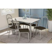 Sala Jantar Mesa Elba Tampo Madeirado c/ Vidro 120cm e 6 Cadeiras Noruega Niquel/Off White - Corano Marrom - Kappesberg