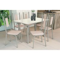 Sala Jantar Mesa Elba Tampo Madeirado c/ Vidro 120cm e 6 Cadeiras Florença Niquel/Off White - Corano Bege - Kappesberg
