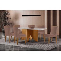Sala Jantar Mesa Nevada Curvo 180cm + 6 Cadeiras Dakota Madeira Naturale/Off White - Capuccino/Linho Capuccino - Rufato