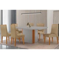Sala Jantar Mesa PietÃ¡ Curvo 180cm + 6 Cadeiras Dakota Madeira Naturale/Off White - Capuccino/Linho Bege - Rufato