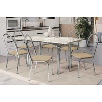 Sala Jantar Mesa Elba Tampo Madeirado c/ Vidro 160cm e 6 Cadeiras Holanda Cromada/Off White - Corano Bege - Kappesberg