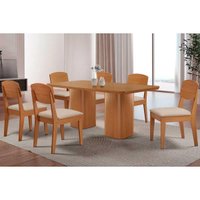 Sala Jantar Mesa Maldivas c/ Tampo Madeirado Canto Curvo 180x90cm e 6 Cadeiras Havana Naturale - Suede Creme - Rufato