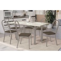 Sala Jantar Mesa Elba Tampo Madeirado c/ Vidro 160cm e 6 Cadeiras Holanda Niquel/Off White - Corano Marrom - Kappesberg